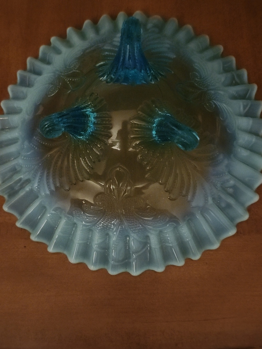 Antique Northwood Blue Opalescent Feather and Mum Footed Bowl - Picture 5 of 5